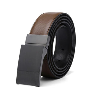 Men Genuine Leather Plate Reversible Buckle Belt Toothpick Pattern - BeltsRepublic