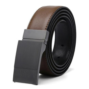 Men Genuine Leather Plate Reversible Buckle Belt Toothpick Pattern - BeltsRepublic