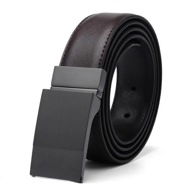 Men Genuine Leather Plate Reversible Buckle Belt Toothpick Pattern - BeltsRepublic